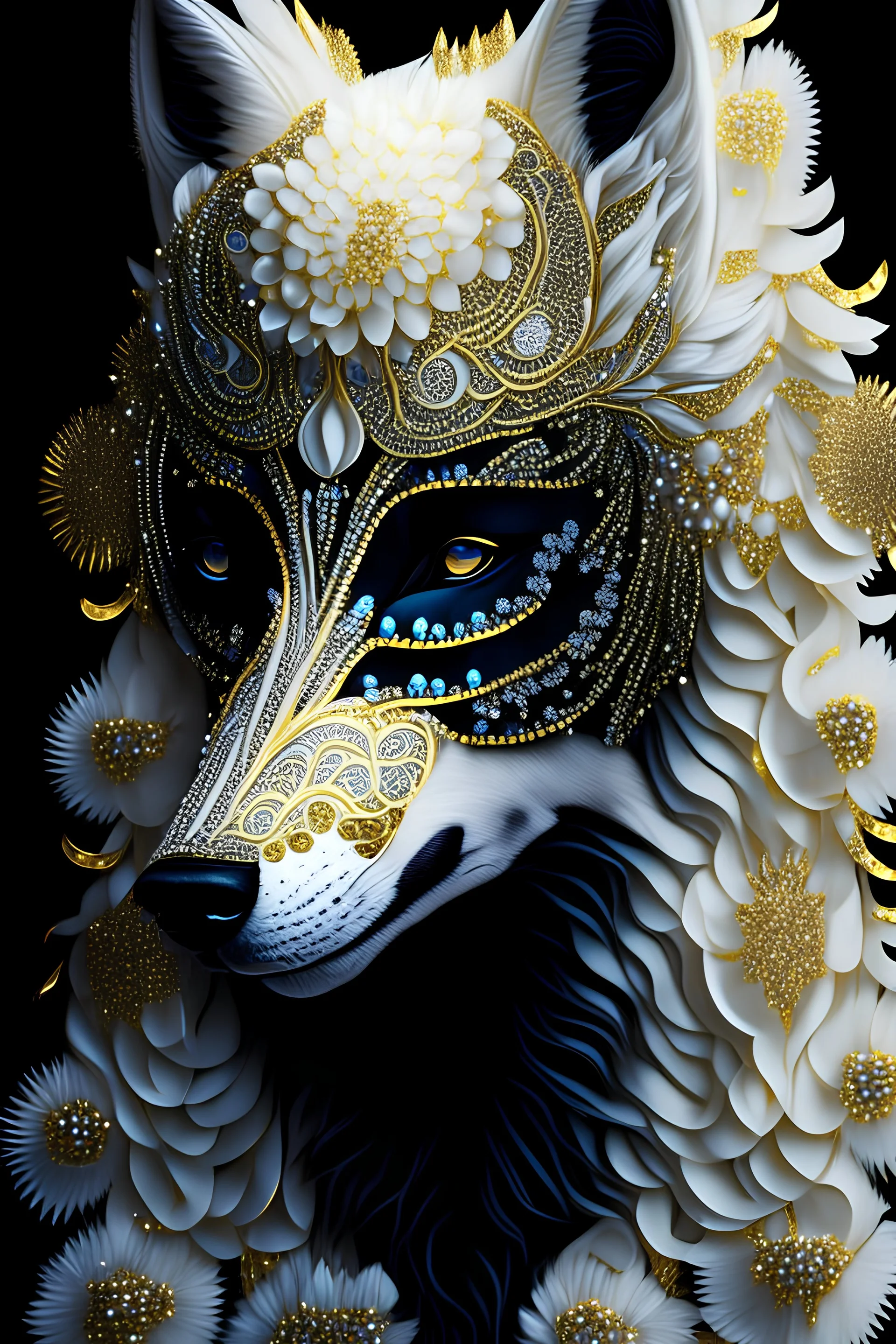 white and gold bioluminescence gradient Wolf portrait, textured detailed fur adorned with bioluminescence malachit colour rennaisance style black and white and Golden pearls, beads and black diamond headdress and masque, black lily florals, organic bio spinal ribbed detail of detailed creative rennaisance style ornate lwhite colour florwers background moonlight background extremely detailed hyperrealistic maximálist concept art