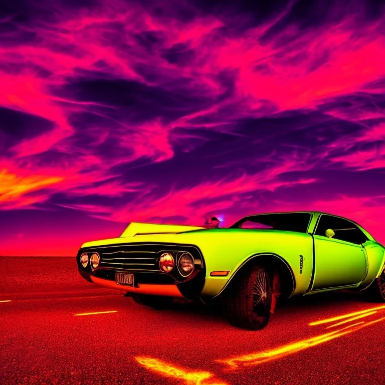 art deco, cyberpunk, neon muscle car, desert road, sunset, full colour, hd,