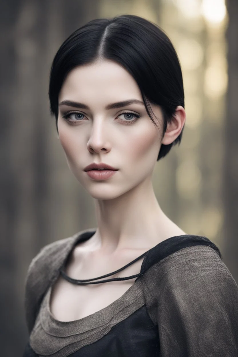 Scandinavian medieval woman with black short hair, pale skin, pretty lips, athletic