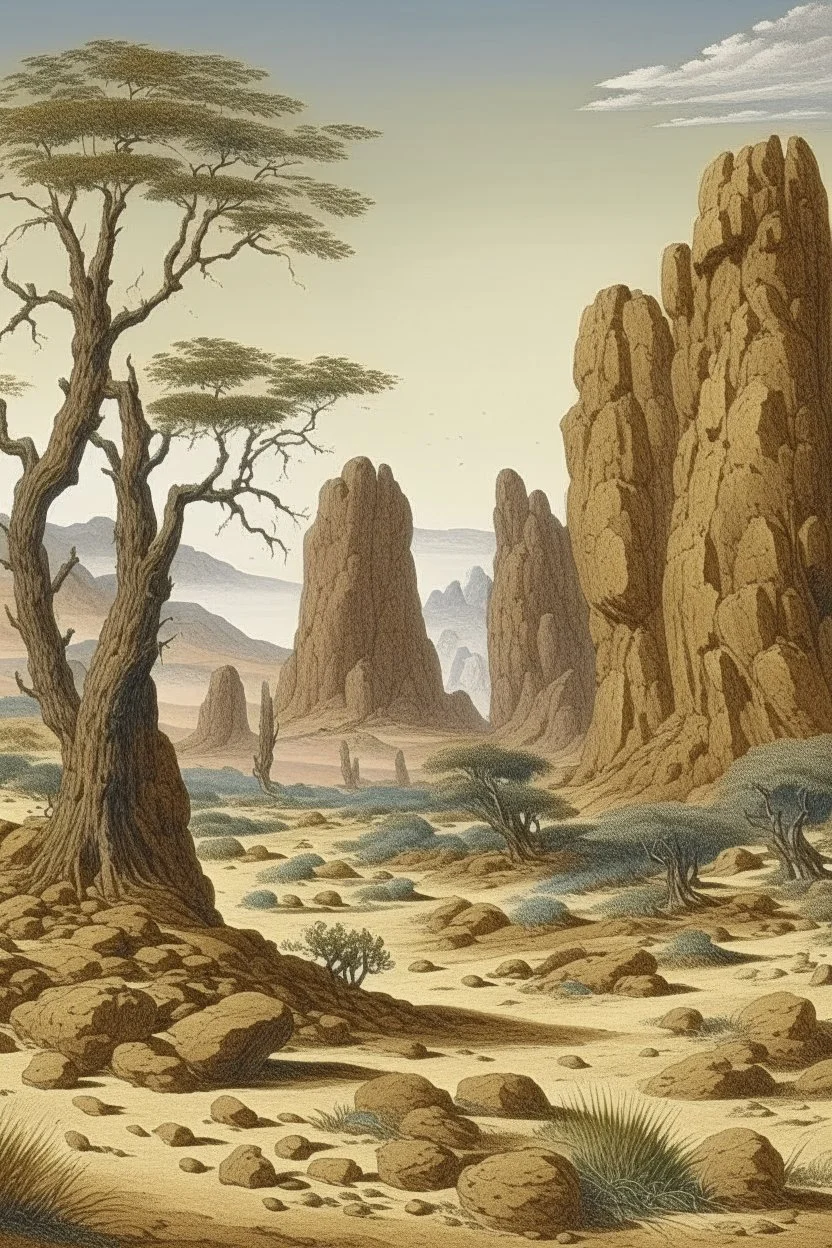 A brown rocky desert with holes painted by Utagawa Hiroshige