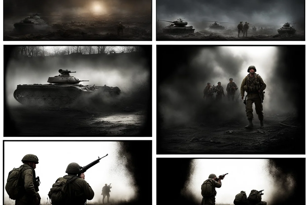 Masterpiece1:5)(Fineart), (award-winning:1.5), highest quality, (ultra realism:1.5) war journalism(,(by Tim Page and Hoorst Faas:1.5))(photorealistic:1.8),RAW pictures (Eastern Ukraine:(panel one:the moment after a battle ends, horrors of war, wounded men),(2nd panel, cinematic shot of men sitting in trench with 1000 yard stare (focus on their eyes:1.5)),(the third panel shows troops tired but hyper alert), (the fourth panel shows the sky is filled with incessant, fire and smoke,)