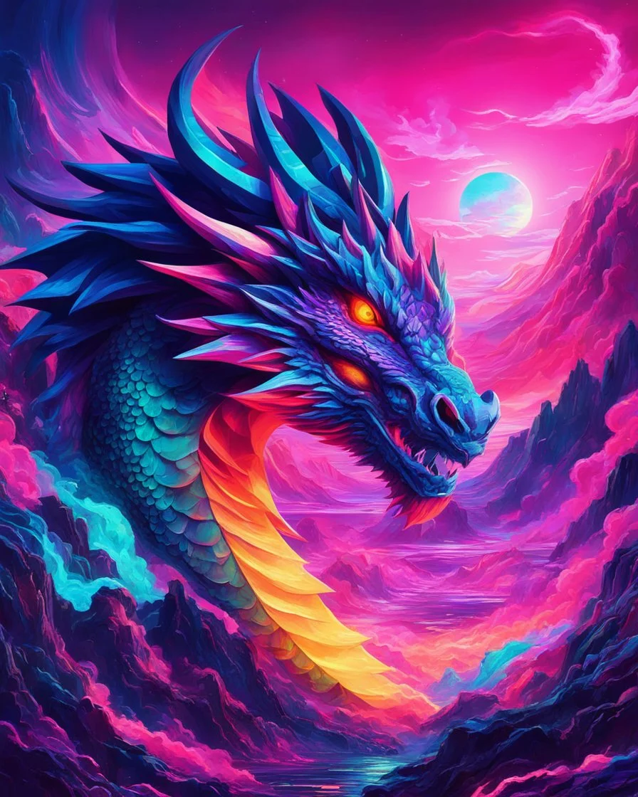 Dragon in a vibrant synthwave dreamscape, neon chaos swirling energetically around pixelated forms, a dynamic fusion of retro gaming nostalgia and futuristic abstraction