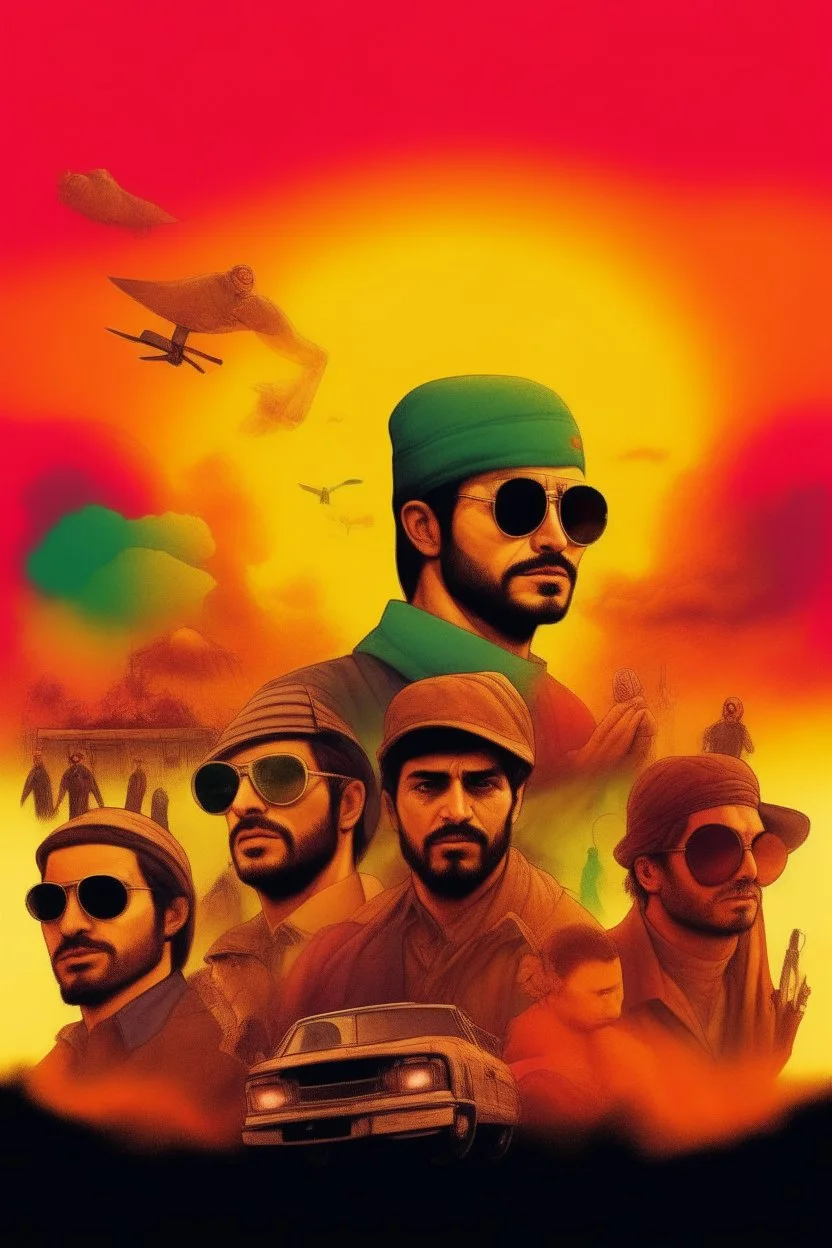 A poster of an arab movie, featuring a lot of arabs with sunglases, explosions, cars. The movie poster is in the style of indiana jones. Theres is a big title, rainbow colors.