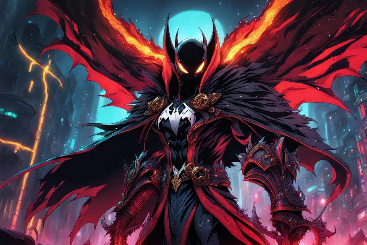 Spawn in 8k solo leveling shadow drawing style, close picture, rain, neon lights, intricate details, highly detailed, high details, detailed portrait, masterpiece,ultra detailed, ultra quality