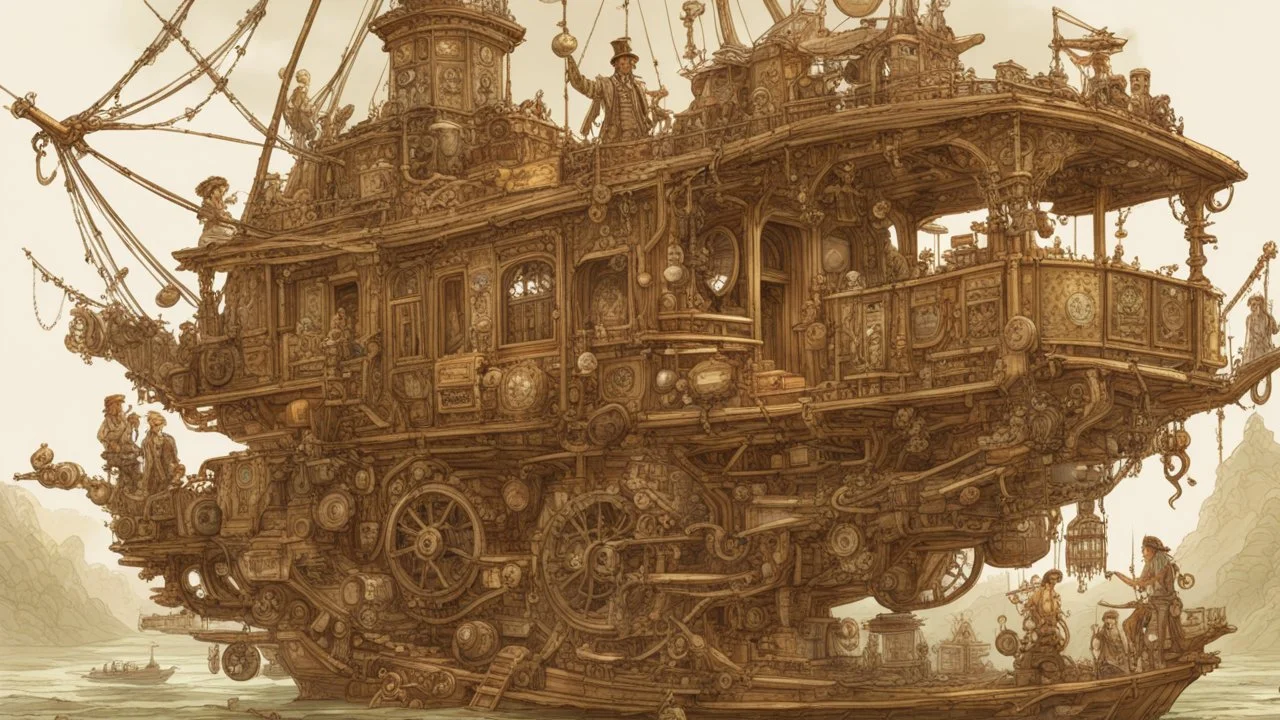 steampunk gipsy caravan crossed with a boat flying high over a jungle with platforms, verandas, and people, cogs, pullys, intricate