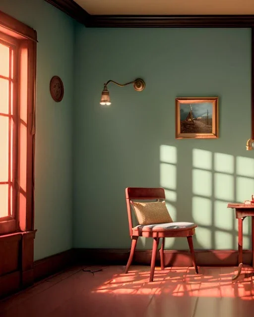 Room scene with sit woman , Wes Anderson styler, realistic photo, concept art, smooth, unreal engine 5, god lights, ray tracing, RTX, lumen lighting, ultra detail, volumetric lighting, 3d.