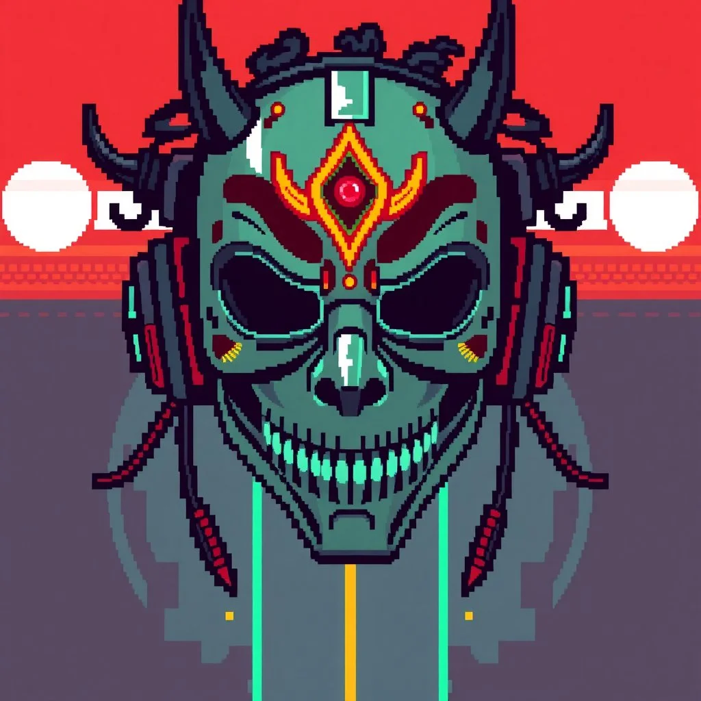 8 bit pixelart cyberpunk,Hannya-Maske, Comic style
