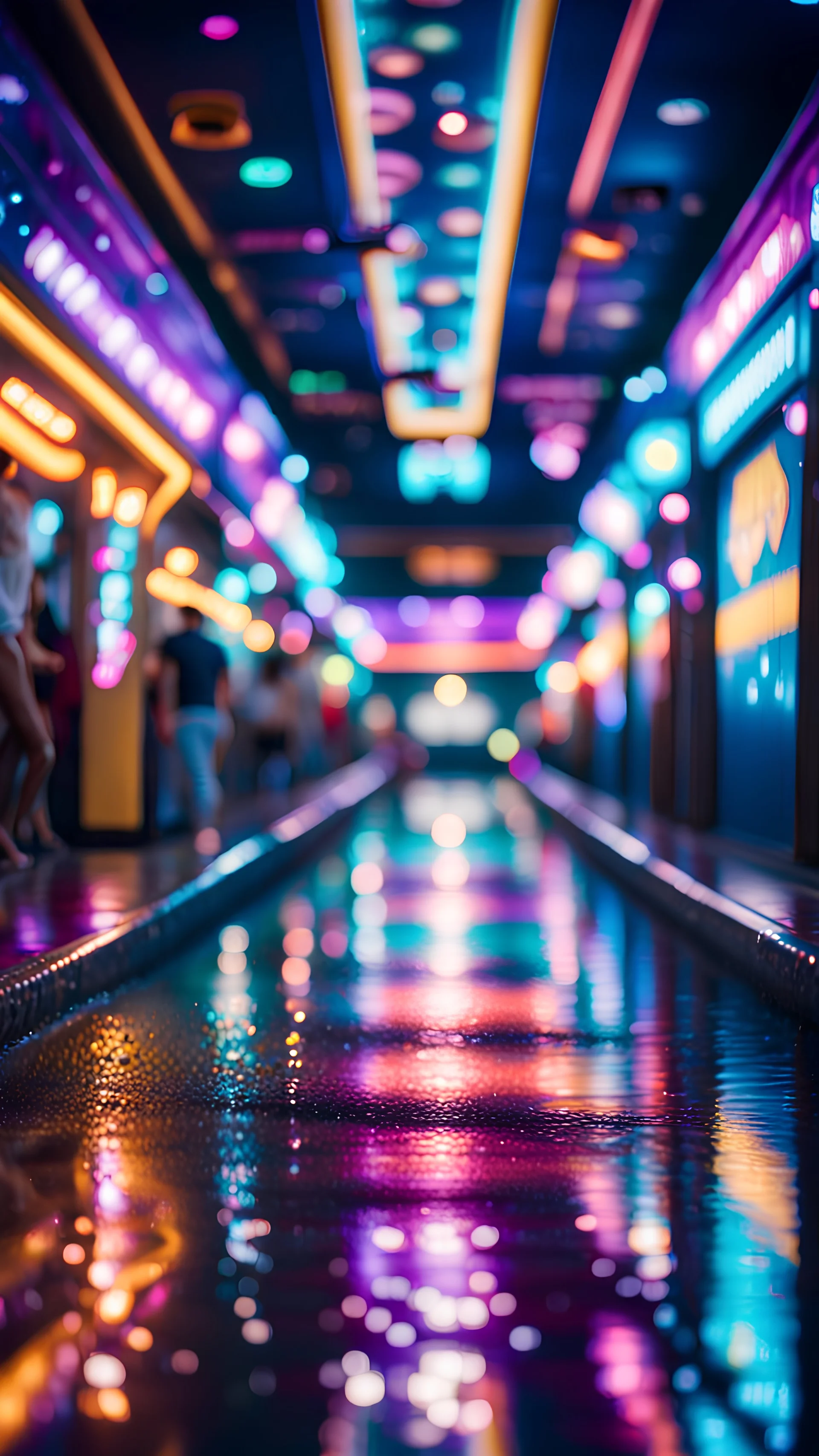 water slide in the middle of crazy dance moves dancing on buss parked in dark lit reflective wet arcade hall tunnel,bokeh like f/0.8, tilt-shift lens 8k, high detail, smooth render, down-light, unreal engine, prize winning