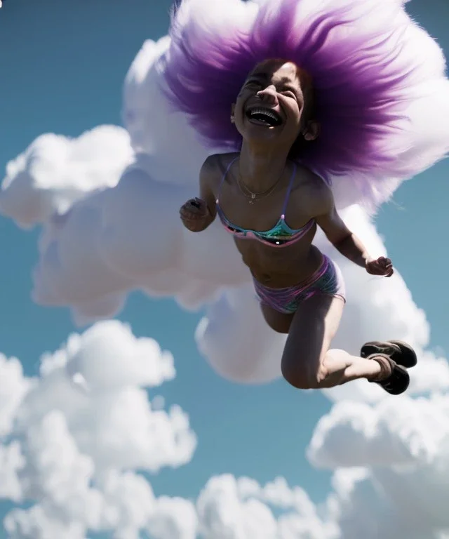 Ultra realistic speed clouds sky scene, wide angle view, sweet childs falling down, inflatable color clothing, free jumping flying, many trinkets, monster hair, hair monster, many jelly beans, balls, smile, happy, circus style, extreme, wind, clouds sea, 20,000 feet altitude, stratosphere, soft color, highly detailed, unreal engine 5, ray tracing, RTX, lumen lighting, ultra detail, volumetric lighting, 3d, finely drawn, high definition, high resolution.