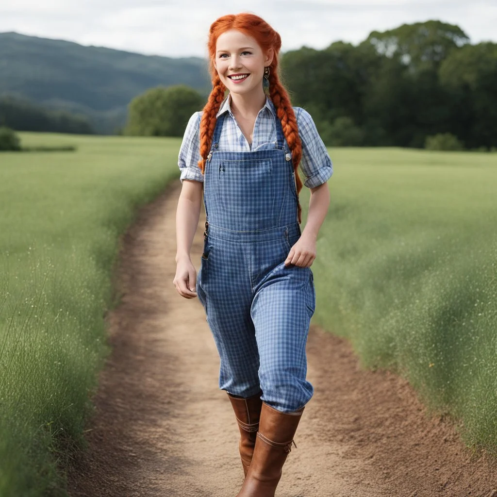 grown up Pippi Longstocking with her iconic long braids, the adult version, in Santiago boots. Always having fun, that's the key. The iconic redhead is wearing a pair of blue gingham short overalls, now a grown woman with tales of adventure in the fields. An untamed spirit, wild and free, she wanders with a mischievous glint in her eye. Her laughter echoed like music in the air, with her magnetic energy.