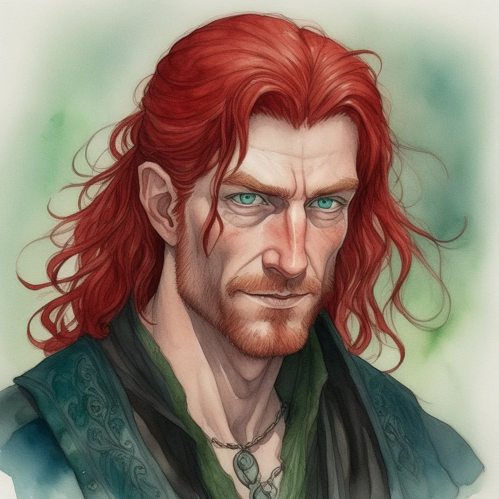 dnd, fantasy, watercolour, large strokes, stylistic, portrait, illustration, dull colours, male, face, narrow long face, weathered face, green eyes, determined, smiling, red hair, very long hair streaming down the shoulders, radiating light, five o'clock shadow