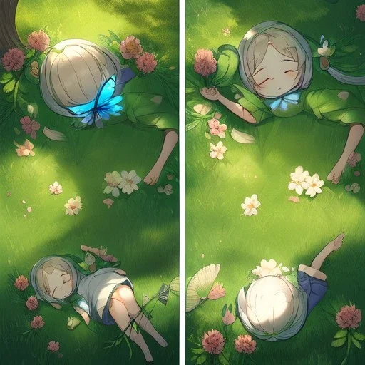 tiny anime girl sleeping in the distance, laying down in a field of flowers, underneath a willow tree, with a butterfly on her nose, hand detail looks human.zoom out. zoom out