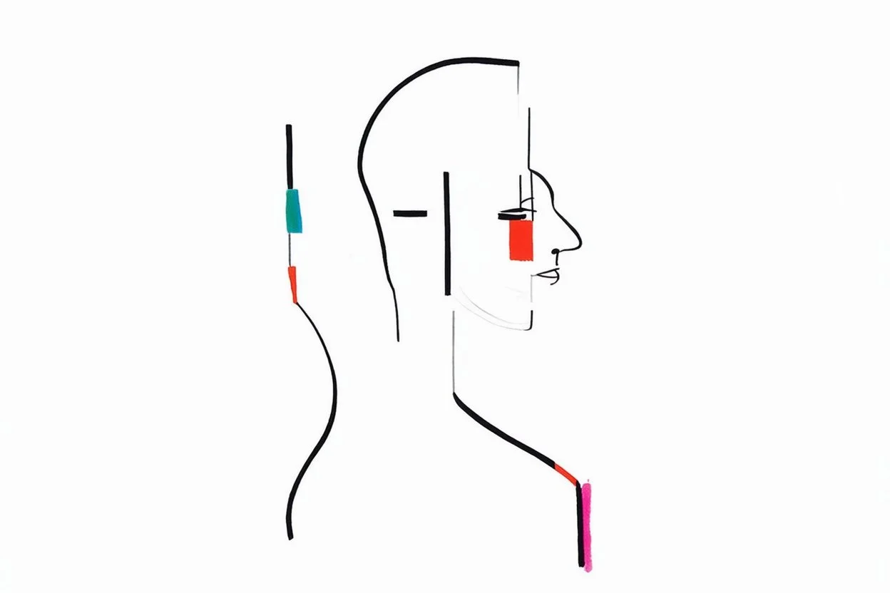 Reprezentare grafica minimal art a unei compozitii de arta moderna figurativa reprezentand genericul "profile indecente", formalizata dupa modelul mixat a lui Dali cu Picasso în stilul combinat acuarelei moale a lui Joan Miro si cu filigran lineart minimal a lui Jean Cocteau cu Paleta de culori impresionista cu culori putine si tari. Fond alb si linii color subtiri si paralele cu umbre de hasuri