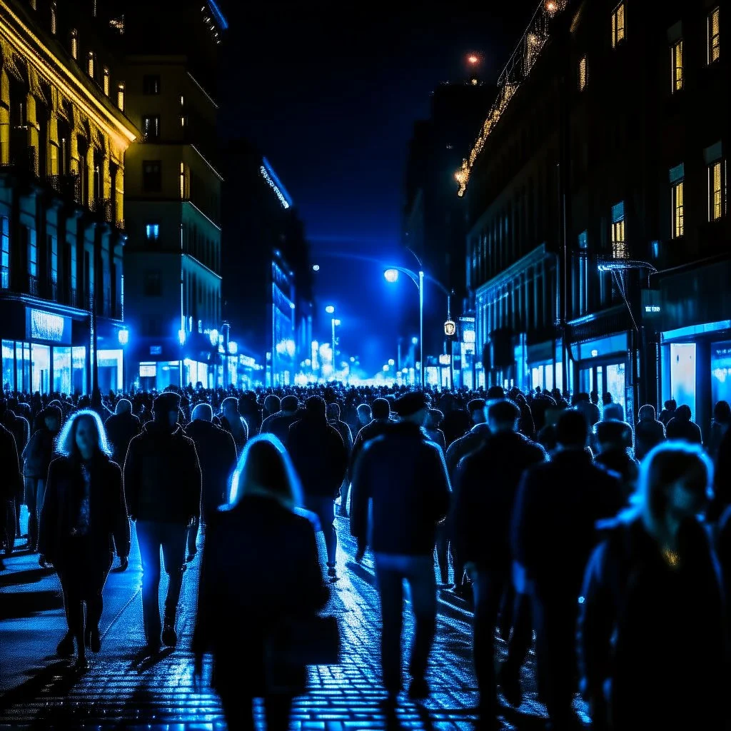 dark city at night, lots of people, blurred,