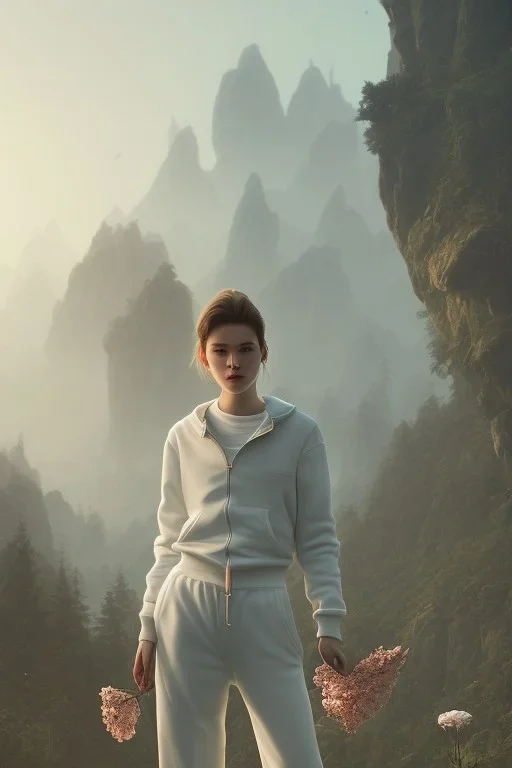 croc magnon portrait , white jogging suite, at dawn by atey ghailan, golden light , holding leaves and flowers , angels background, volumetric light, high detail, pink leaf tree, mountains in background, perfect