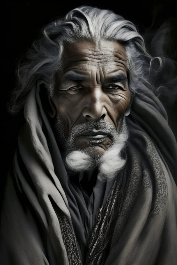 a photo of an Berber man with ethnic jewelry, grey hair and grey flowing robe, in style of Annie Leibovitz, contemporary portrait of a mature yet beautiful and modernist man, black and grey, detailed masculine face, swirling fluid smokey enigma, award-winning artwork