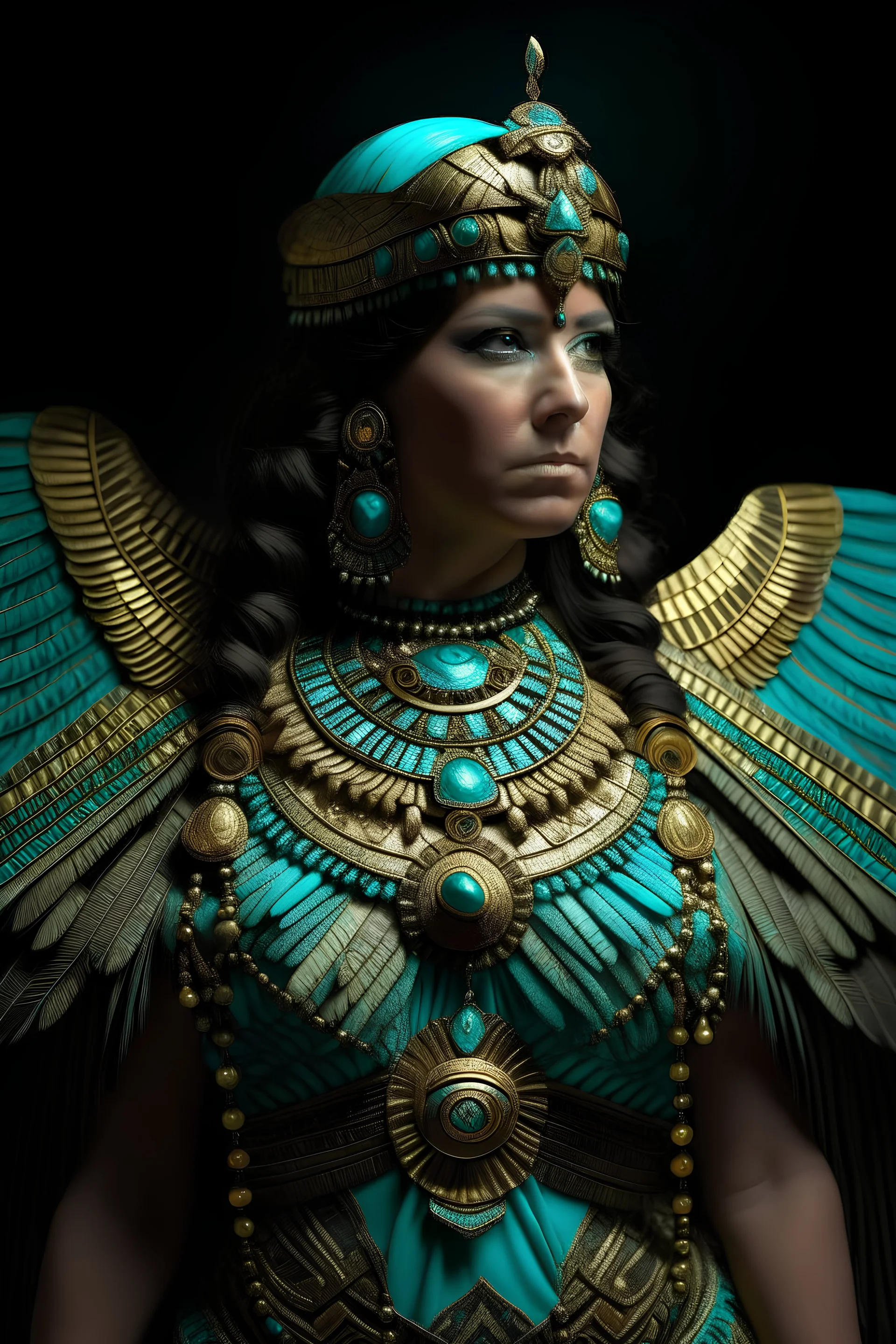 Extremely beautiful ancient voidcore shamanism Egyiptian Scarabeus insect woman adorned with ancient egyiptian Scarabeus wings ribbed with turquoise and gold colour gradient mineral stone beads, wings are metallic voidcore shamanism style lace chain effected extremely textured delicate details. Wearing ancient voidcore shamanism gold and turquoise colour ancient Egyiptian costume embossed hierogliphs texts on the costume armour organic bio spinal ribbed detail of ancient Egyiptian wall backgroun