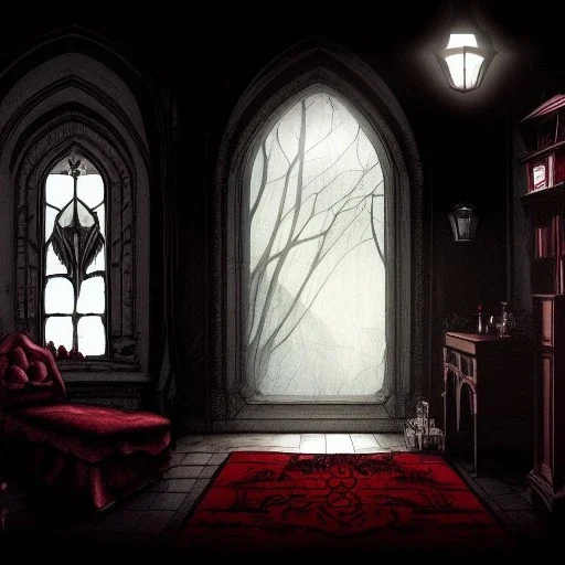 Light from windows, Vampire lair,gothic, blood,room interior design illustration by mick ricereto, detailed, interior croquis color illustration, digital illustration, 4k, ultra hd