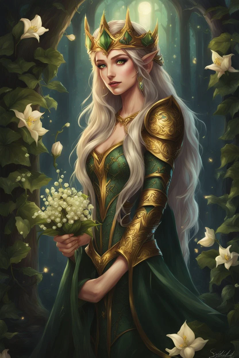 Dark green hair,Rapunzel hair,golden armor,night,sparkle,lily of the valley,ivy,elven warrior,elven ears,burgundy,green,gold,elven crown,extremely long hair