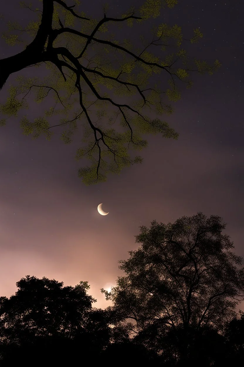 Night, tree leaves, moon, clouds, photography