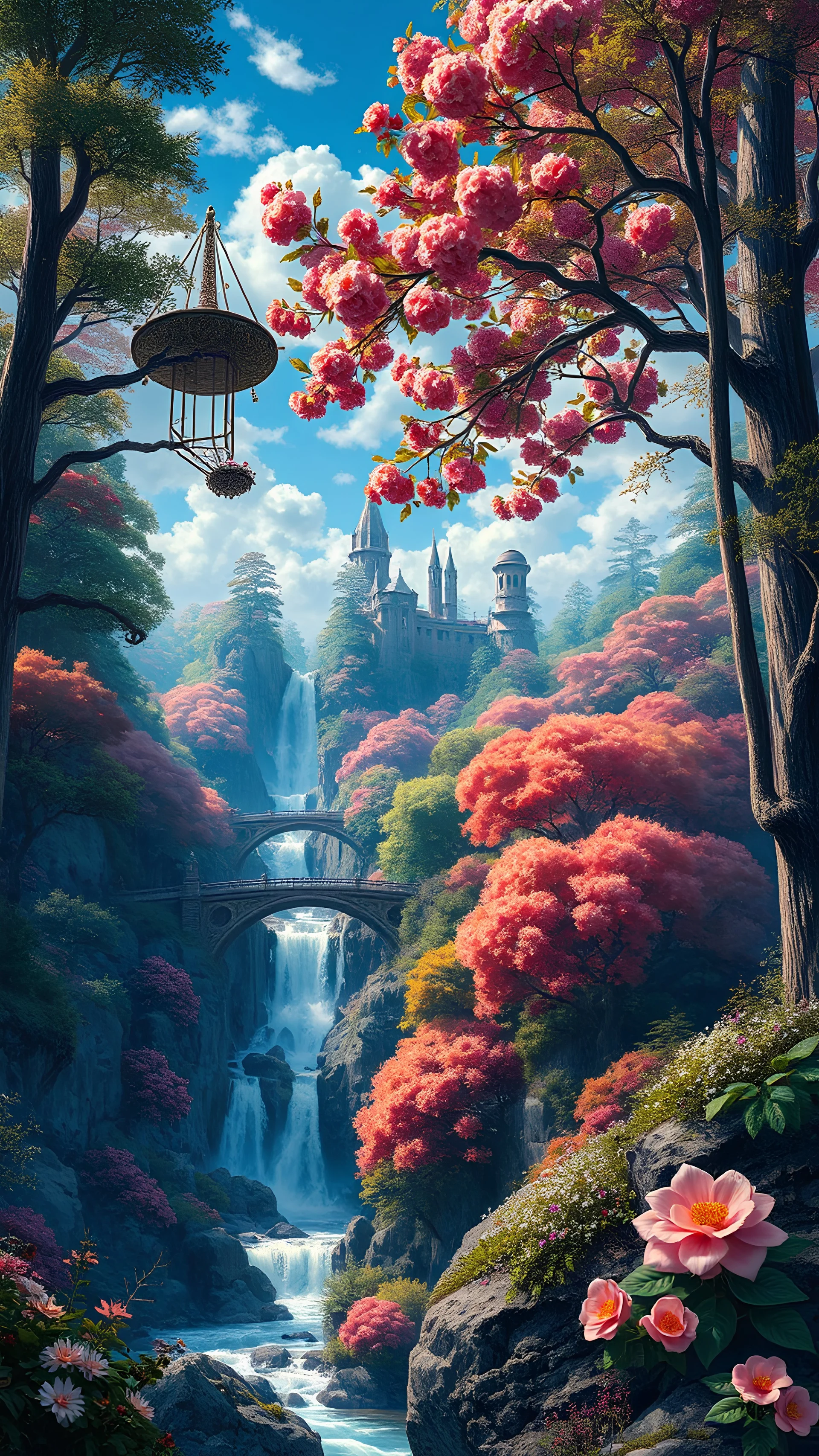 3d holographic editorial photo: さよなら, scenic view of a fairytale background, forest with colorful flower blooming, waterfall, blue sky, bridges, chiaroscuro, dramatic lighting, intricate details, scifi fairytale, surrealism, by ilya repin, by mike mignola, highly detailed oil painting, brush strokes, complex composition, warm color palette, Art by J. C. Leyendecker, John Williams Waterhouse, Tom Bagshaw, Maxfield Parrish, Ellen Segn