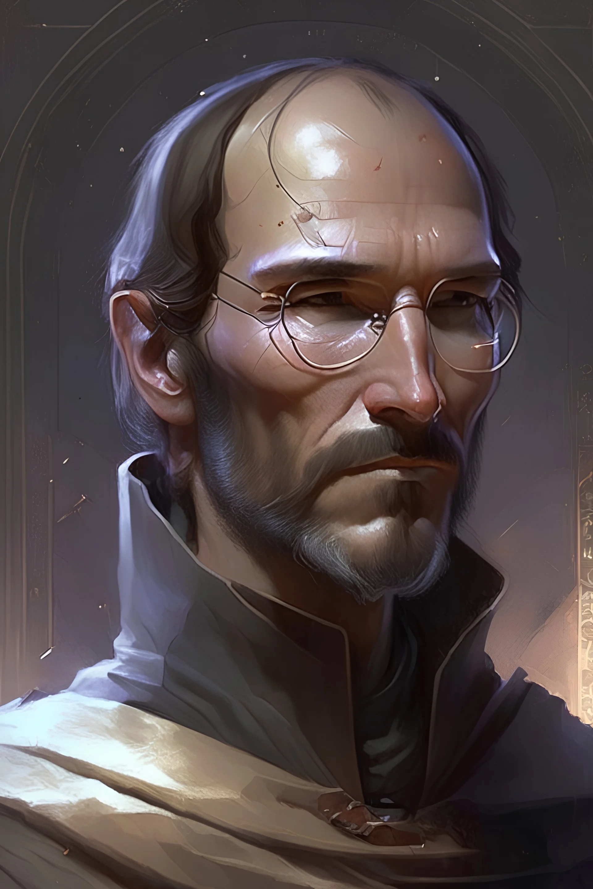 Steve Jobs Star Wars movie character, highly detailed, digital fantasy character, painted portrait, artstation, concept art, hard focus, illustrations, works by artgerm and Greg Rutkowski, Alphonse Mucha and Craig Mullins, James Jean, Andrey Ryabovichev, Mark Simonetti and Peter Morbacher