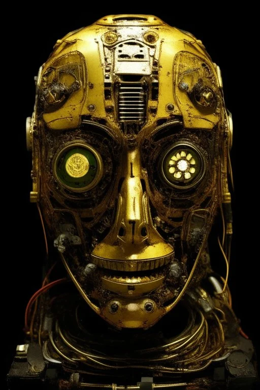 A mechanical click gears in the shape of humane Al Face with golden texture reflecting a dim light from a candle source, Dali style , Busch painting style with computer motherboard filled with chips and electronic components in the background .with to cameras lenses as Eyes