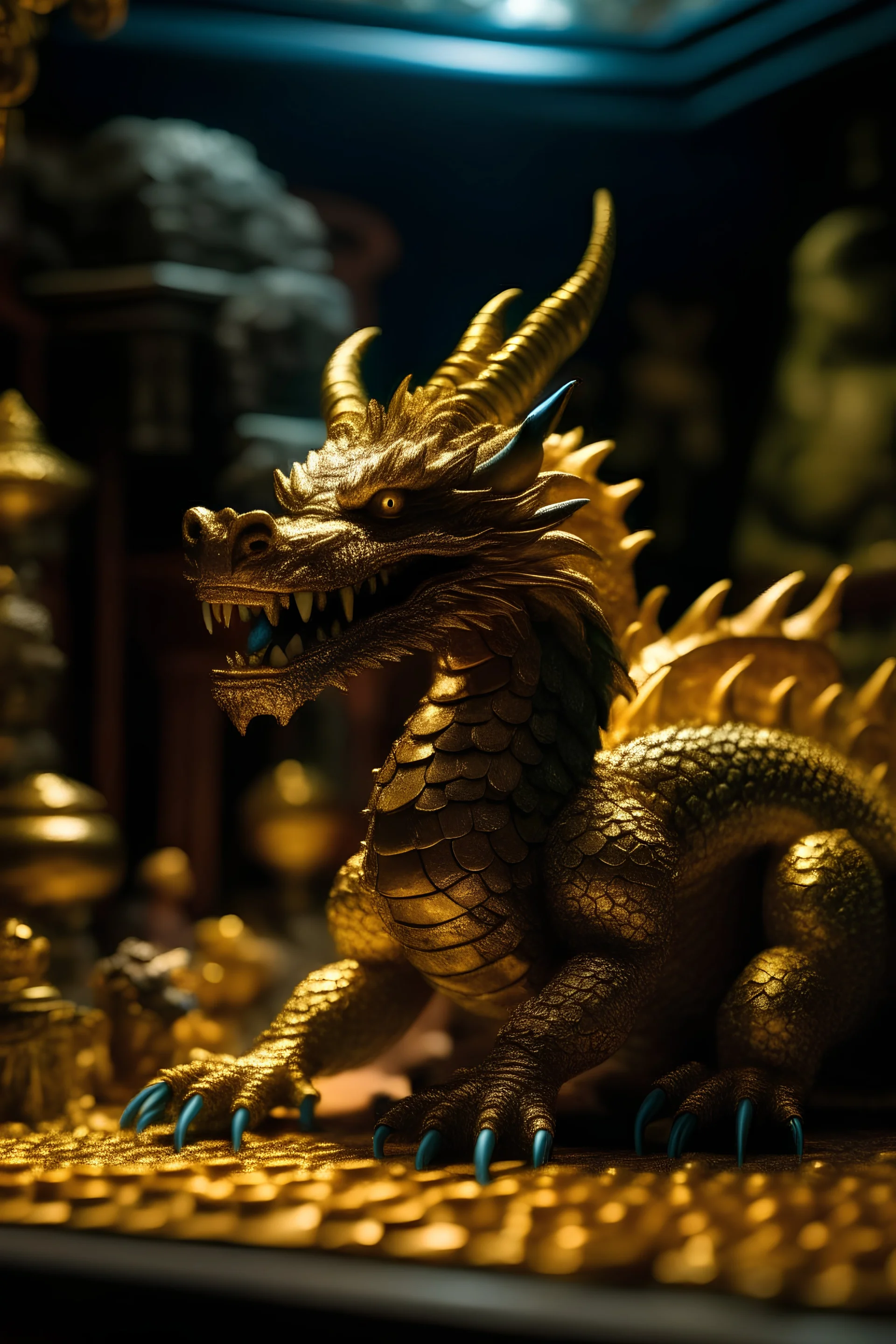 the beast who prefers quantity over quality, dragon hoarding gold and bitcoin in cave palace, zeiss prime lens, bokeh like f/0.8, tilt-shift lens 8k, high detail, smooth render, down-light, unreal engine, prize winning