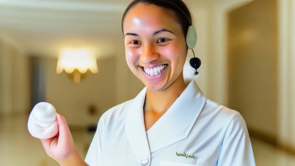 hotel housekeeping smiling holding small white earbuds