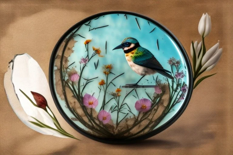 birds, blur 5%, flowers, double exposure, merged layers, in the first part (near to us) of the picture you can see a plain sandblown smoked glass, engraved with a folk art pattern, the glass is cracked in several places, in some places the glass is broken, crumpled burlap, through it you can see a tropical rainforest with a waterfall, mist, fog, sunrise, gemstones