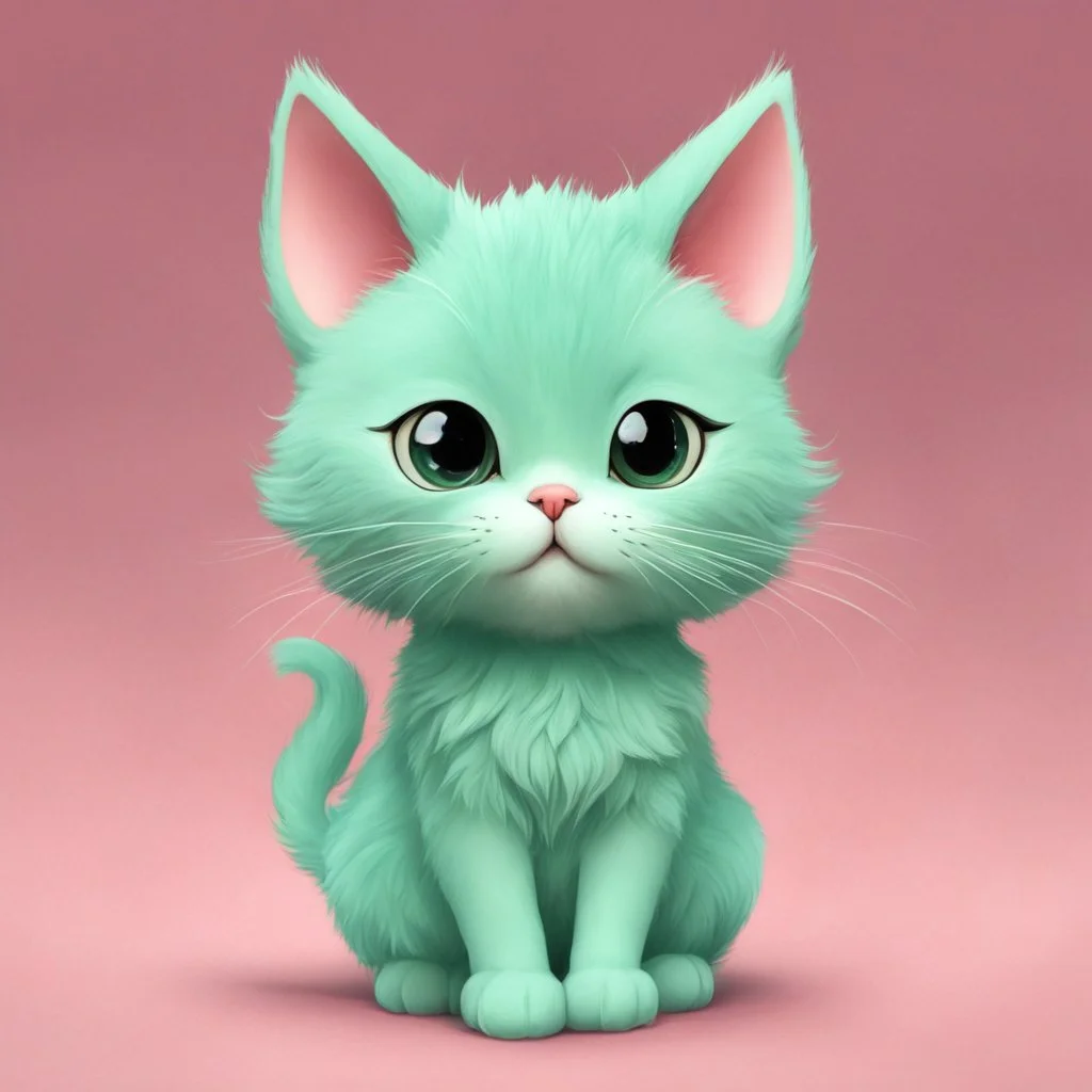 A charming digital art piece showcasing the cuteness of a mint-colored cartoon cat, set against a soft and inviting pink background, (charming digital art:1.4), (cute cartoon cat:1.5), (soft and inviting pink:1.3), (expressive mint hues:1.2), drawing inspiration from the styles of cute and whimsical illustrators, trending on CGSociety, Intricate, Sharp focus, warm lighting, (captivating:1.4), (playful details:1.5), (lush fur details:1.3), Cartoon, Masterful, Captivating, Photorealistic, Ultra-de