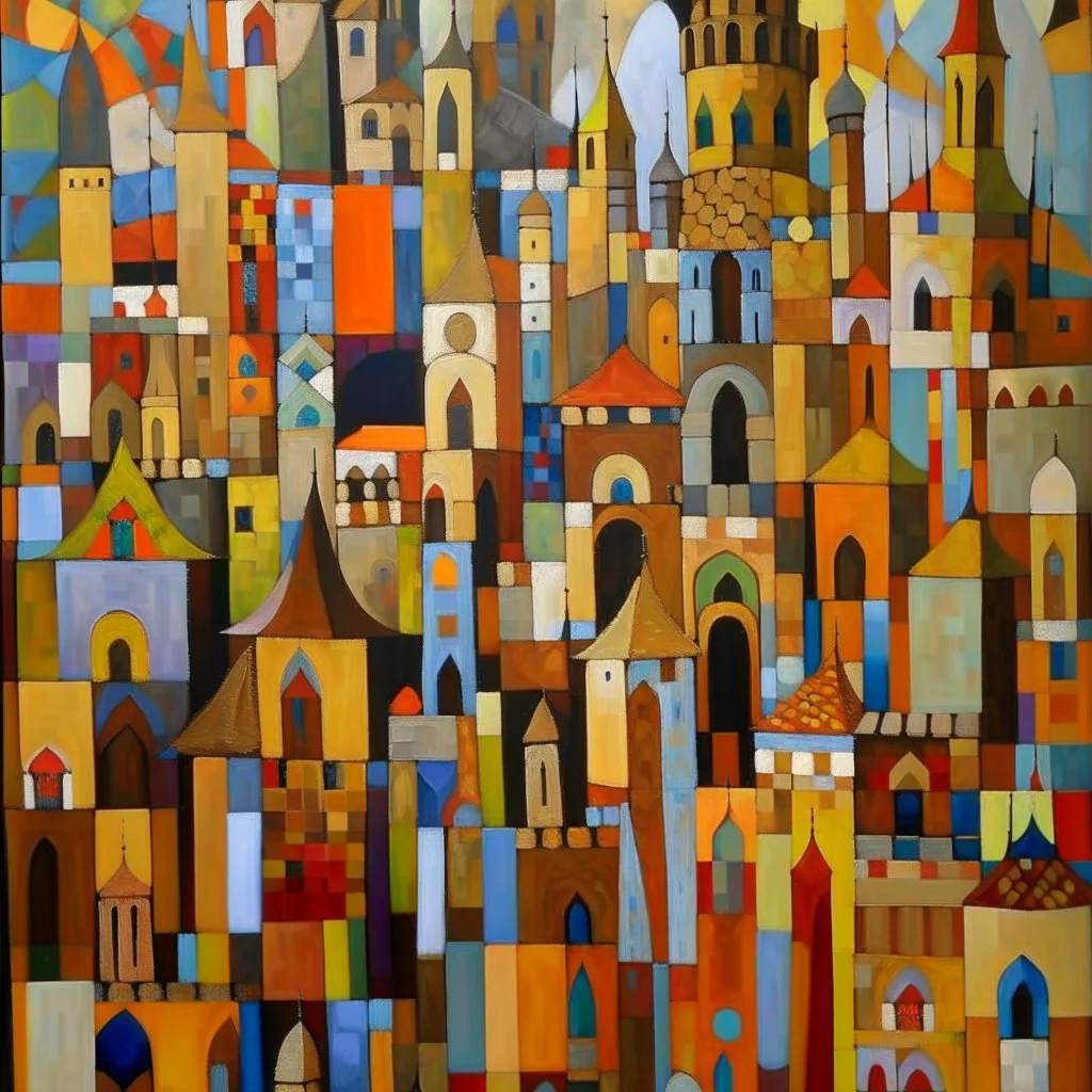 An abstract geometric painting depicting a landscape of an ancient medieval city with castles, towers, churches, vaults, culverts and bells in a very stylized and cubist way. The composition consists of various shapes, forms and geometric elements arranged to create the impression of buildings, structures and architectural elements in an urban landscape. The shapes and forms used in the painting are a combination of straight lines, angles, curves and circles, creating a sense of rhythm and mo