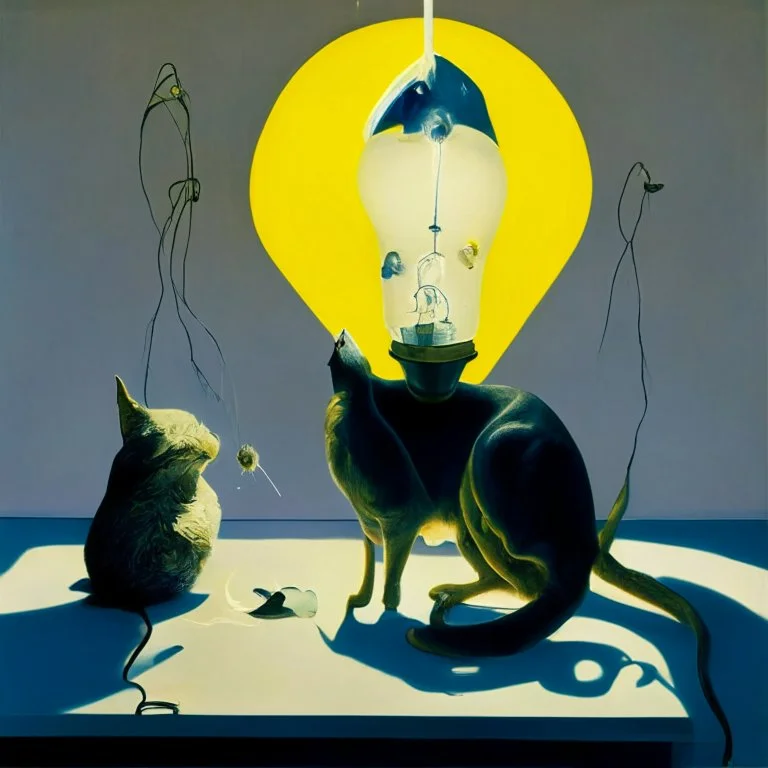 Abstract painting formed by a mix of human flesh-like surgical instruments and universe-like neuralink, a cat looking at a pigeon inside a huge bulb between light and shadow at dusk,surrealism,minimalism,Painting By Adrian Ghenie, Rene Magritte, Salvador Dali, Lucian Freud