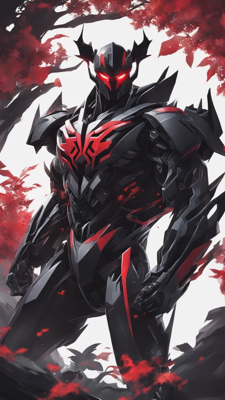 A close picture to Mix between transformers and venom symbiote in solo leveling shadow art style with red details detailsis in fantasy world