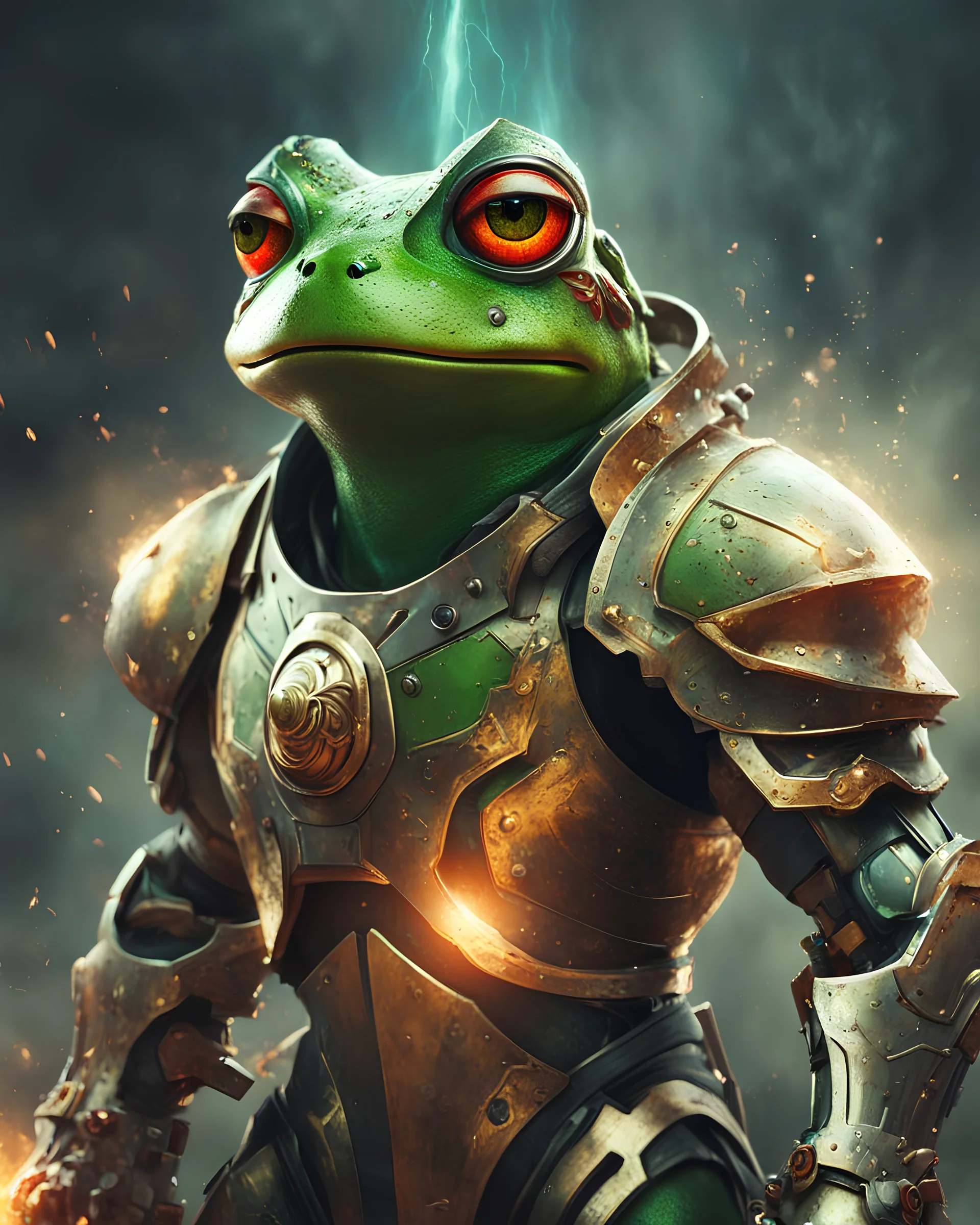 Frog Green Soldier Portrait Glow big red eye Gold Armor Robotic lightning Gun Silver Smoke Dust 16k details epic future water nice warrior furious sword fire