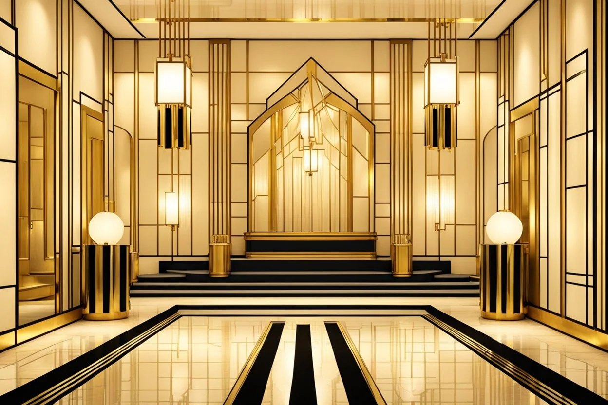 An Art Deco Foyer with mirrors and brass sconces, incandescent, gleaming