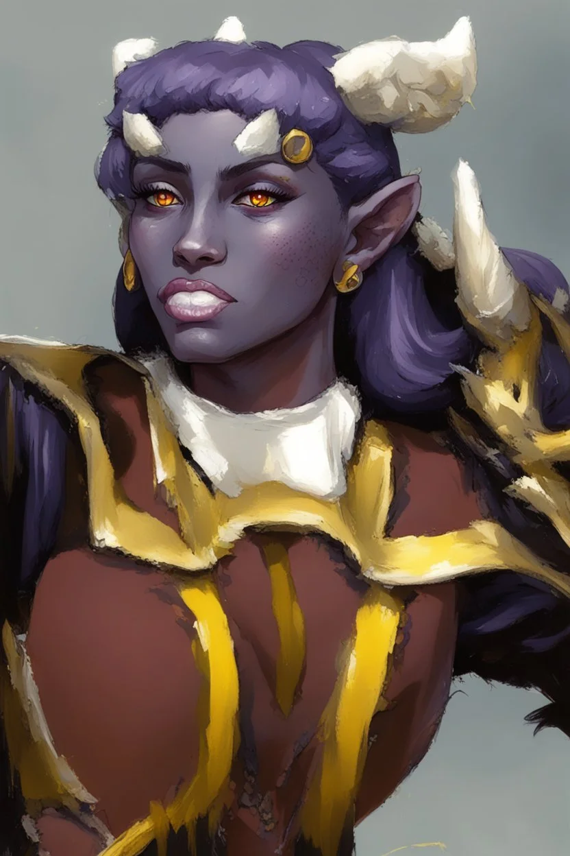 Purple-skinned female tiefling in milltary attire with glowing yellow eye