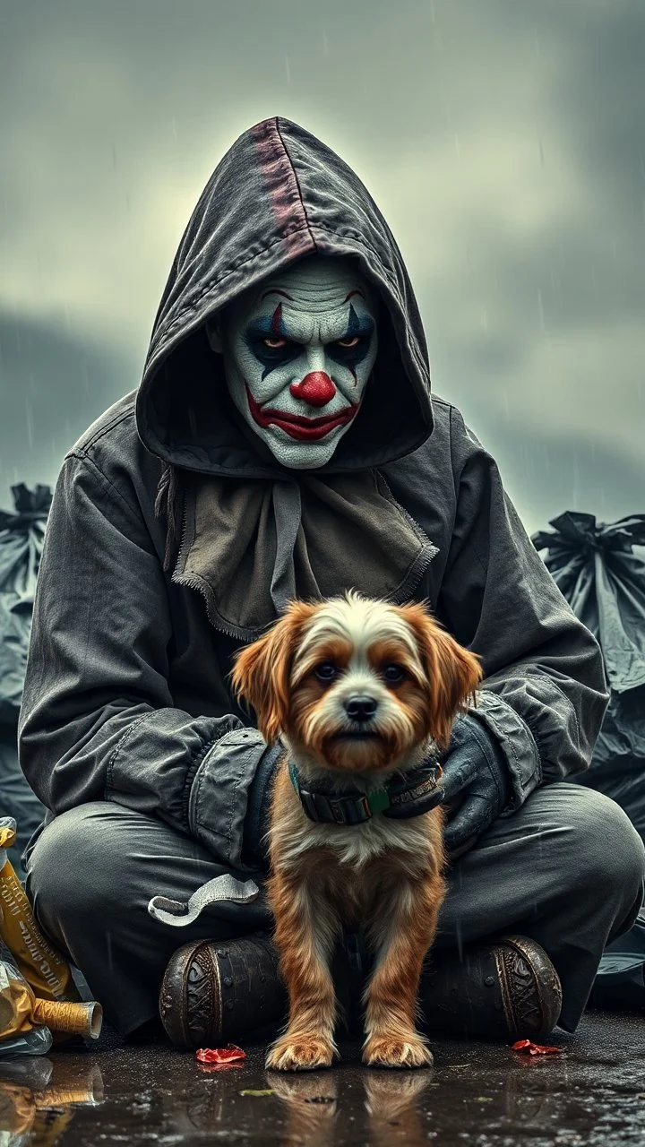 A sad hooded homeless clown with dirty face and bad make up sitting with his small dog , beside him with trash bags , in the background a, dark cloudy rainy weather