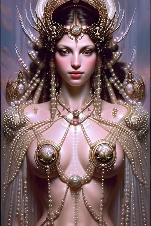 Beautiful Goddess covered in pearls and gems, a masterpiece by by Greg Rutkowski, Jeffrey Jones, Thomas Kinkade, Greg Olsen, beautiful spectacular textures, striking amazing light and shadows, remarkable dramatic setting, stunning unique reflections