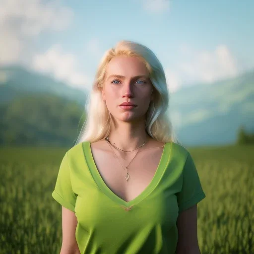 beautiful young blond Swiss girl standing in green field, mountain, sun, wearing blue shirt over, open arms, realistic eyes, blue eyes, unreal engine, photograph, realistic skin texture, photorealistic, hyper realism, highly detailed, 85mm portrait photography