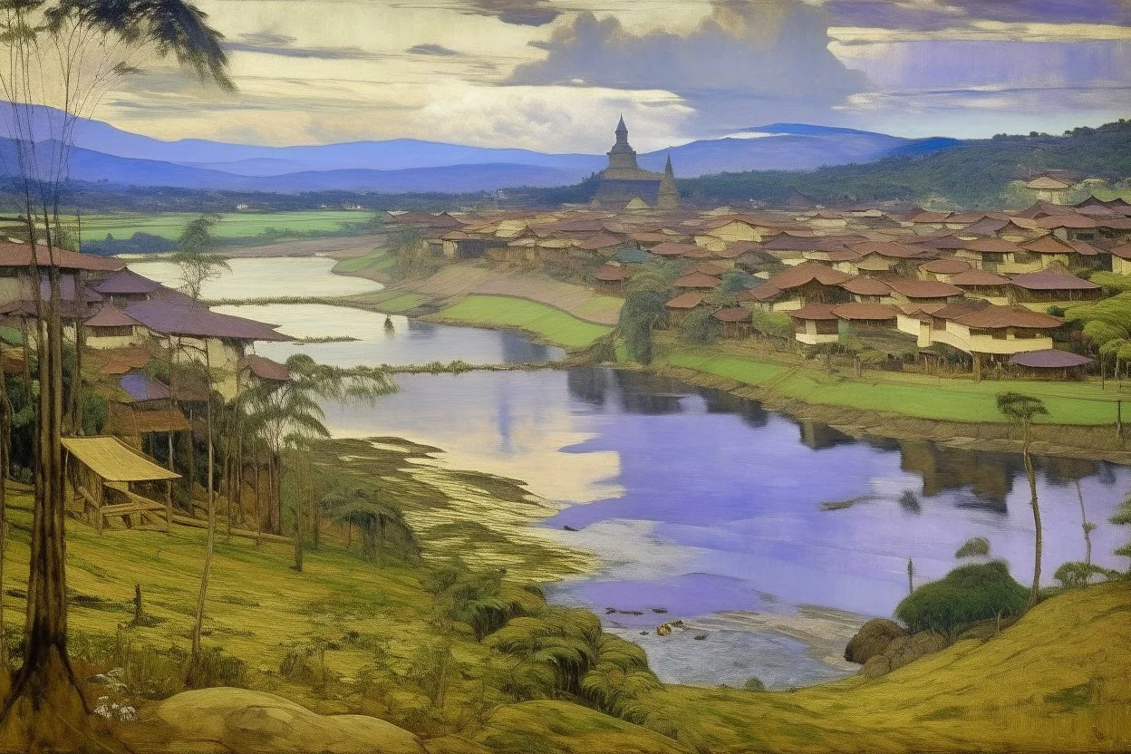 A light purple Indonesian city with a river painted by Paul Gauguin