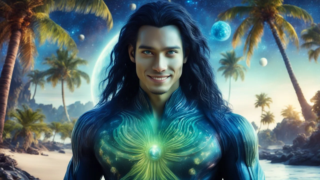 beautiful gorgeous young man na'vi with long hair, Avatar, blue skin, two small ears, green eyes, black hair, in cosmic suit, galactic ambiance, smiling, with spaceship and planets and palm trees and clear crystaline cosmic beach in background