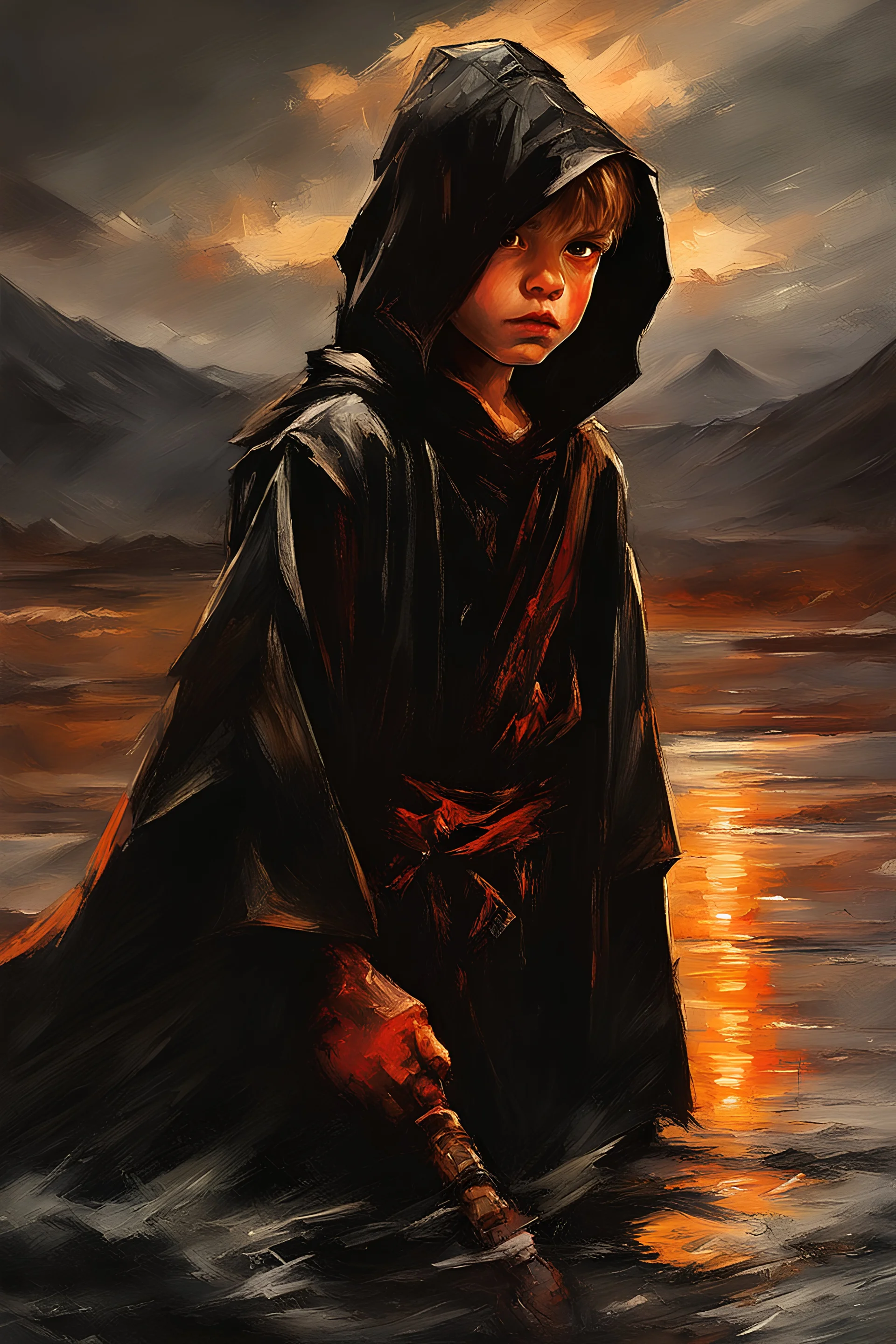 A formidable warrior-a 10-year-old boy in a black robe with a hood, on the background Amazing gloomy landscape, flooded with sunset, mountains, trees, fabulous scary hero, , juicy emotions, painting, dark fantasy, bad weather, gloomy day, dark world, by Raymond Swanland & Anna Razumovskaya