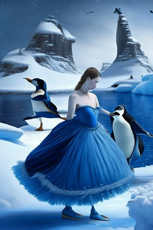 Cinderella in her blue dress dancing in Antarctica with a penguin in the snow