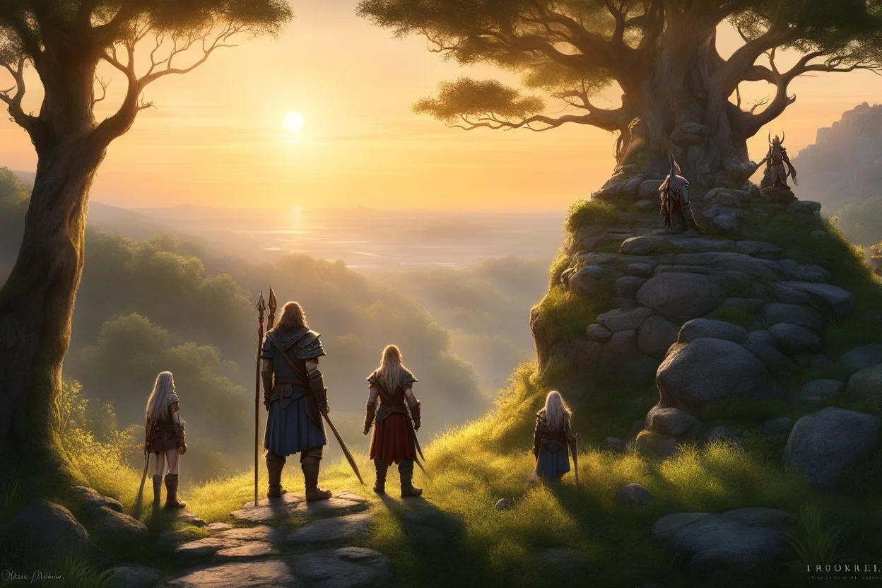 At the crest of the hill, under the watchful gaze of the setting sun, a motley crew of courageous souls stands assembled. The short dwarf healer, his weathered features etched with ancient knowledge, surveys the group with a keen eye. Beside him, the female Elf radiates an aura of forest magic, her eyes alight with the wisdom of the natural world. Opposite the Elf, the female thief from the dark city moves with a grace born of shadows, her presence a reminder of the mysteries that lurk beyond t