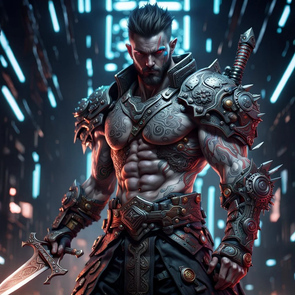 Fhoto full body, reality, Raw, cyberpunk god war, sword, digital art, intricate details, powerful composition, captivating, , trending on artstation, sharp focus, studio photo, intricate details, highly detailed, by addie_digi