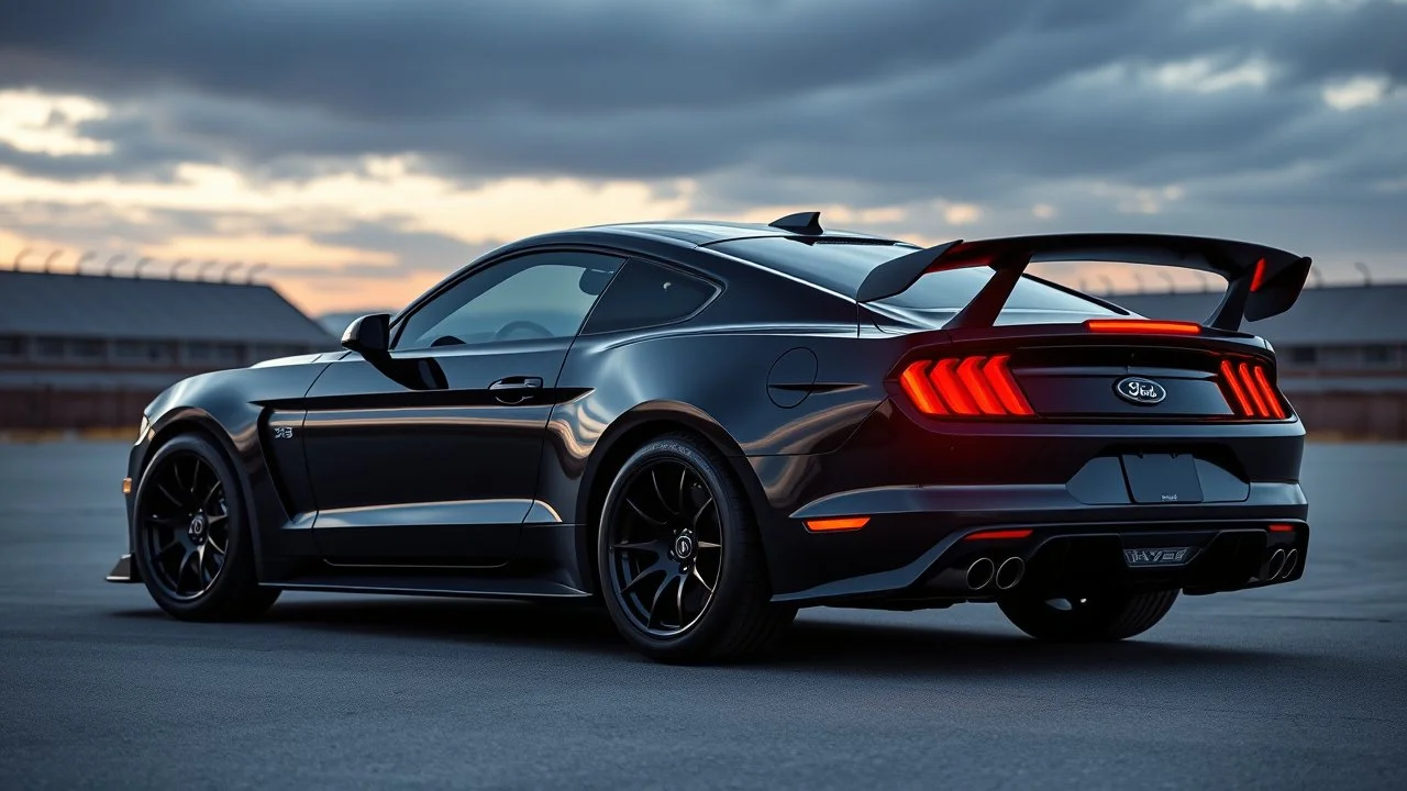 a black 2025 ford mustang dark horse with a large spoiler crossed with the batmobile