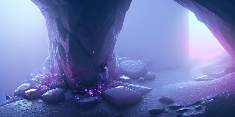 single pink crystal, on an altar in a foggy cave, cinematic,