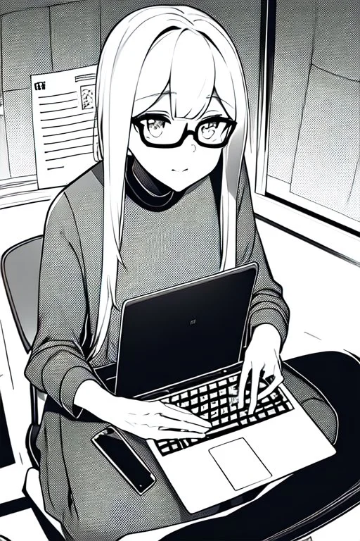 hacker girl with glasses use a laptop sitting in a cafe, line arts, greyscale