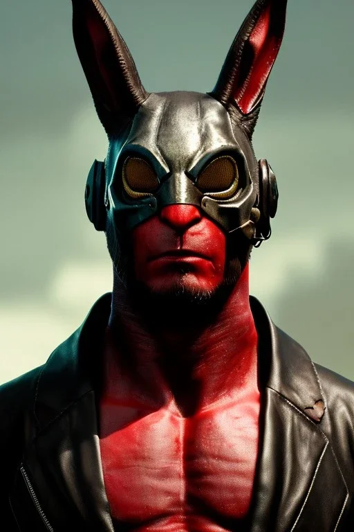 Medium Close Up Portrait, Front image. cyberpunk, rabbit mask helmet, strong man, titanium hair. Leather suit. Black, red, color. Hellboy style. Color background, photo studio. Avatar image, highly detailed, concept art, smooth, unreal engine 5, ray tracing, RTX, lumen lighting, ultra detail, volumetric lighting, 3d, finely drawn, high definition, high resolution.